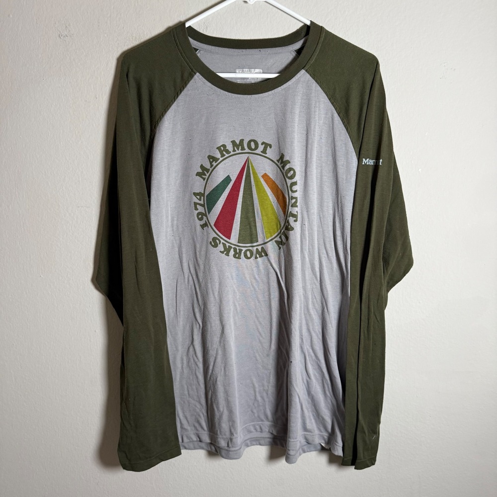 Marmot Mountain Works 1974 Raglan Graphic Long Sleeve Shirt Mens XL‎ Grey Green